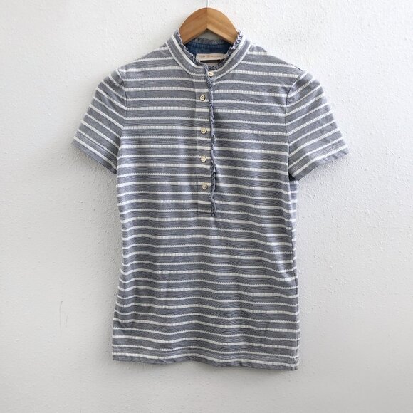 TORY BURCH Lidia Ruffle Trim Short Sleeve Striped Polo Size XS - Picture 1 of 12